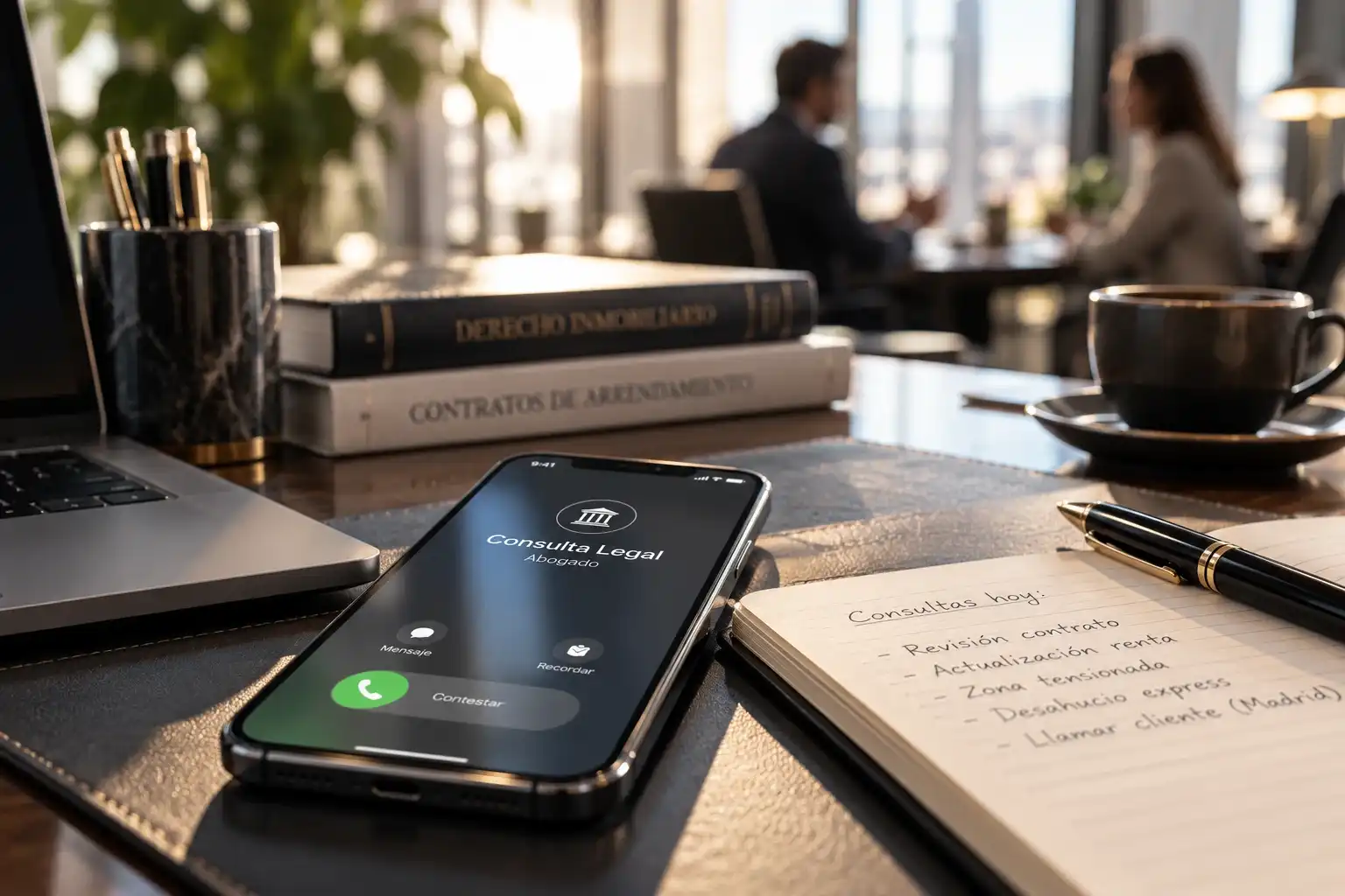 Consulta gratuita con un abogado inmobiliario – Nueva Ley Alquiler Móvil con una llamada de consulta legal sobre un escritorio de despacho: abogado inmobiliario para propietarios afectados por el Decreto Maricarmen