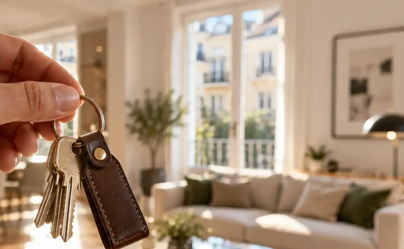 Salón luminoso con una mano que sostiene las llaves de una vivienda: abogado inmobiliario en Ibiza para propietarios