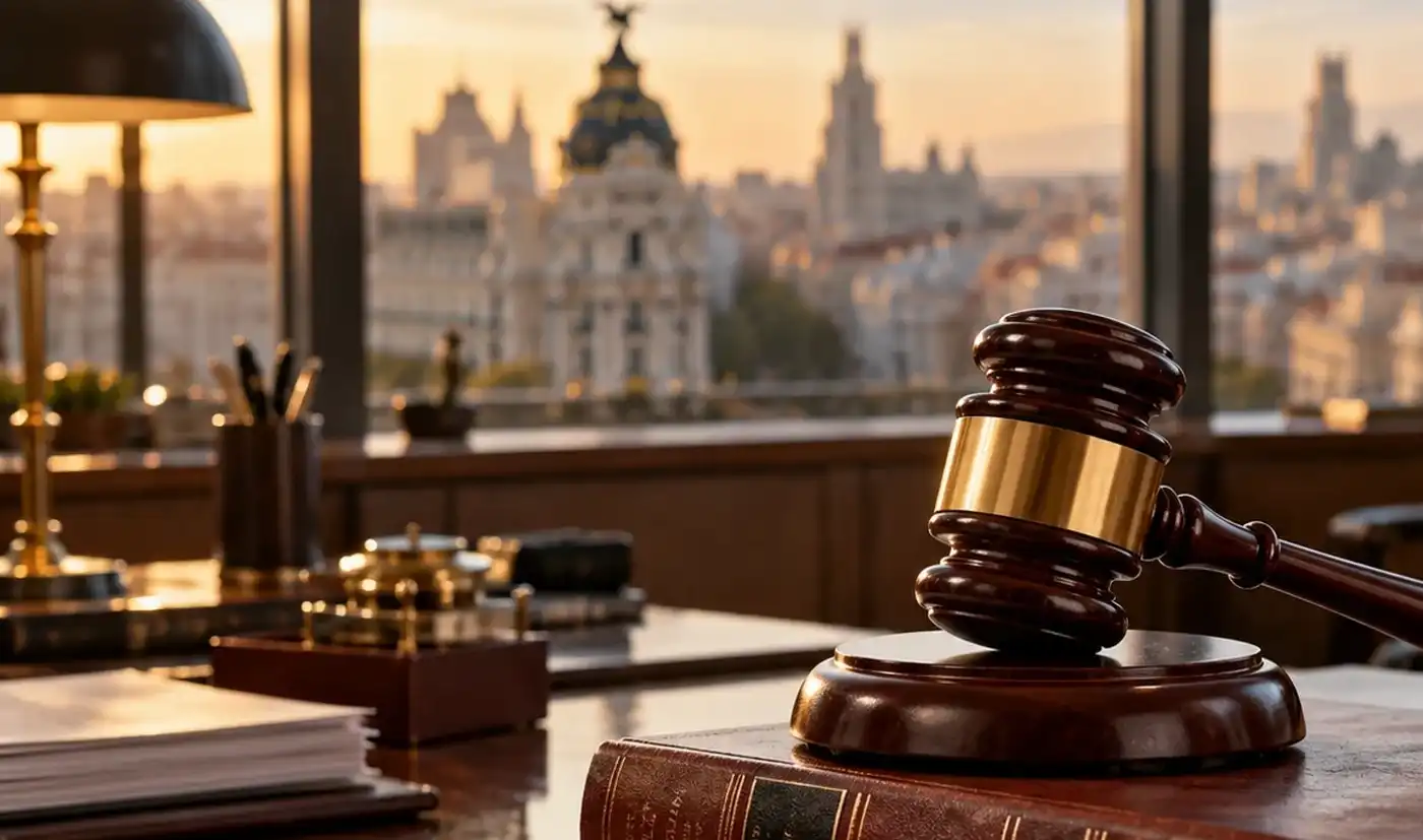 Mazo de juez con vistas a Madrid desde un despacho: abogado inmobiliario en Madrid para propietarios ante el Decreto Maricarmen