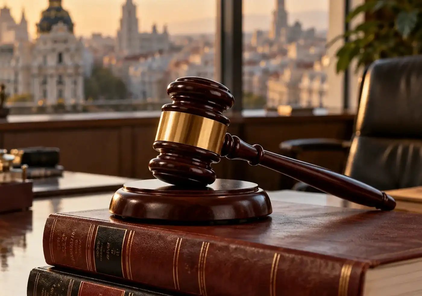 Abogado inmobiliario en Málaga – viviendas de uso turístico y nueva ley de alquiler Mazo de juez sobre libros de derecho con vistas a la ciudad: abogado inmobiliario en Málaga para propietarios de pisos turísticos