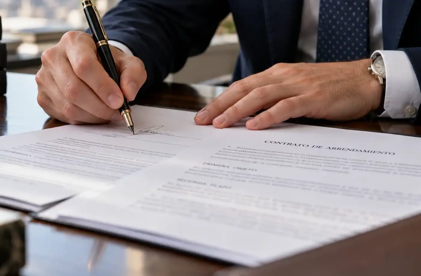 Abogado inmobiliario en Murcia – alquiler de temporada y habitaciones Persona firmando un contrato de arrendamiento sobre una mesa de despacho: abogado inmobiliario en Murcia para contratos de temporada y habitaciones