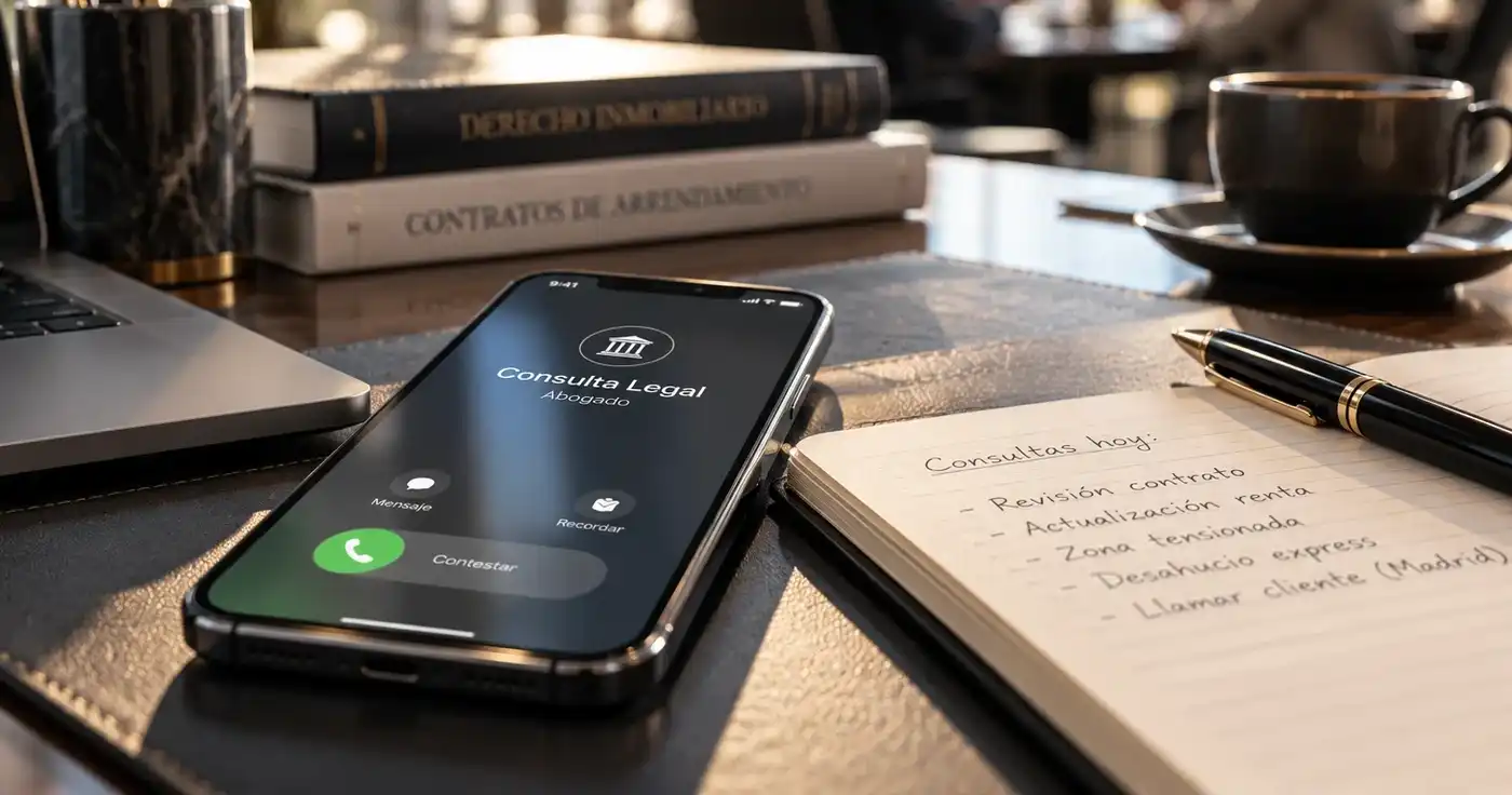 Abogado inmobiliario para propietarios – primera consulta gratuita Móvil con una llamada de consulta legal sobre un escritorio de despacho: abogado inmobiliario para propietarios que buscan abogados inmobiliarios cerca de mi