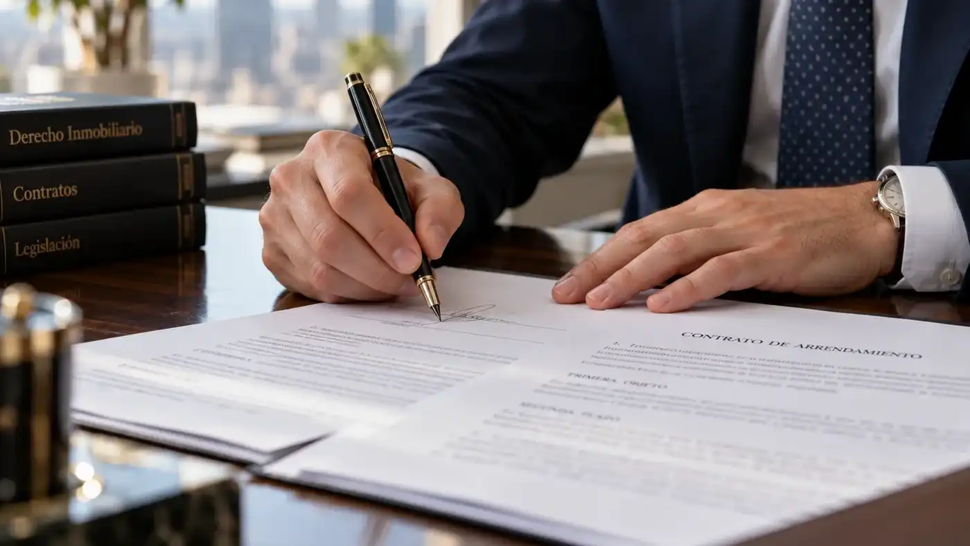 Persona firmando un contrato de arrendamiento en un despacho: abogado de vivienda en Sevilla para propietarios y pisos turísticos