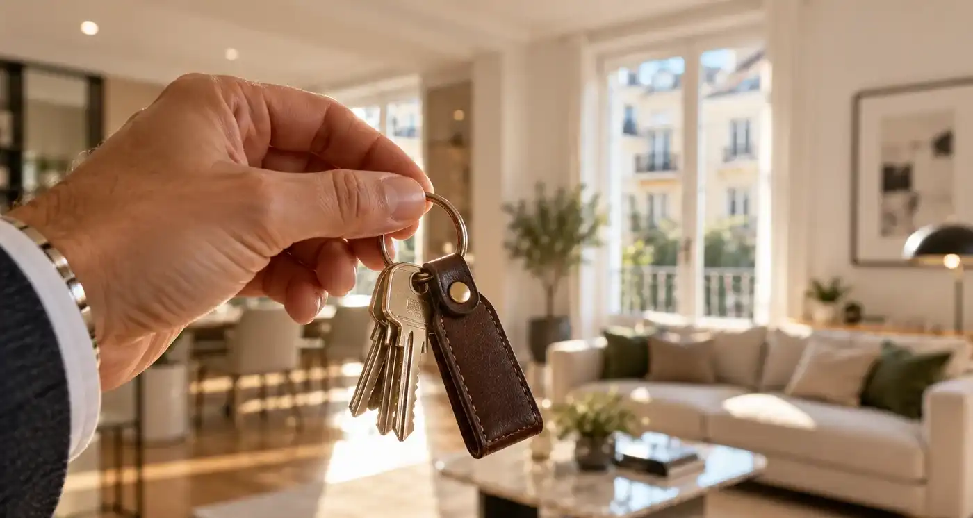 Abogado inmobiliario en Valencia – pisos turísticos y alquiler de temporada Mano con las llaves de una vivienda de alquiler en un salón luminoso: abogado inmobiliario en Valencia para propietarios