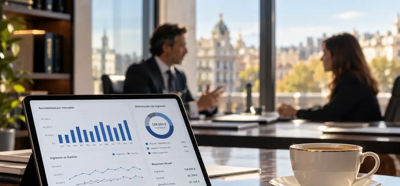 Tableta con gráficos de ingresos y gastos y dos personas al fondo: abogado inmobiliario en Zaragoza para propietarios y tope a la renta