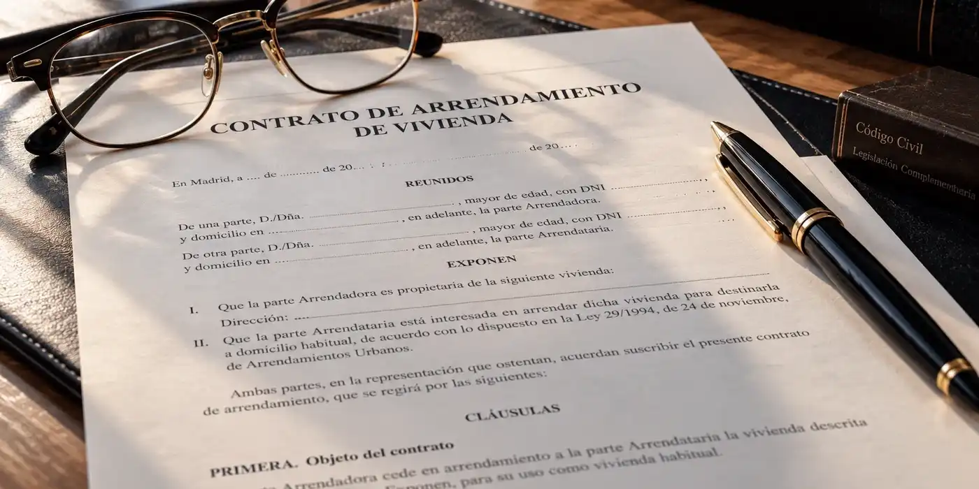 Contrato de alquiler de vivienda con gafas y bolígrafo sobre una mesa: alquiler temporal a vivienda habitual con la nueva ley de alquiler