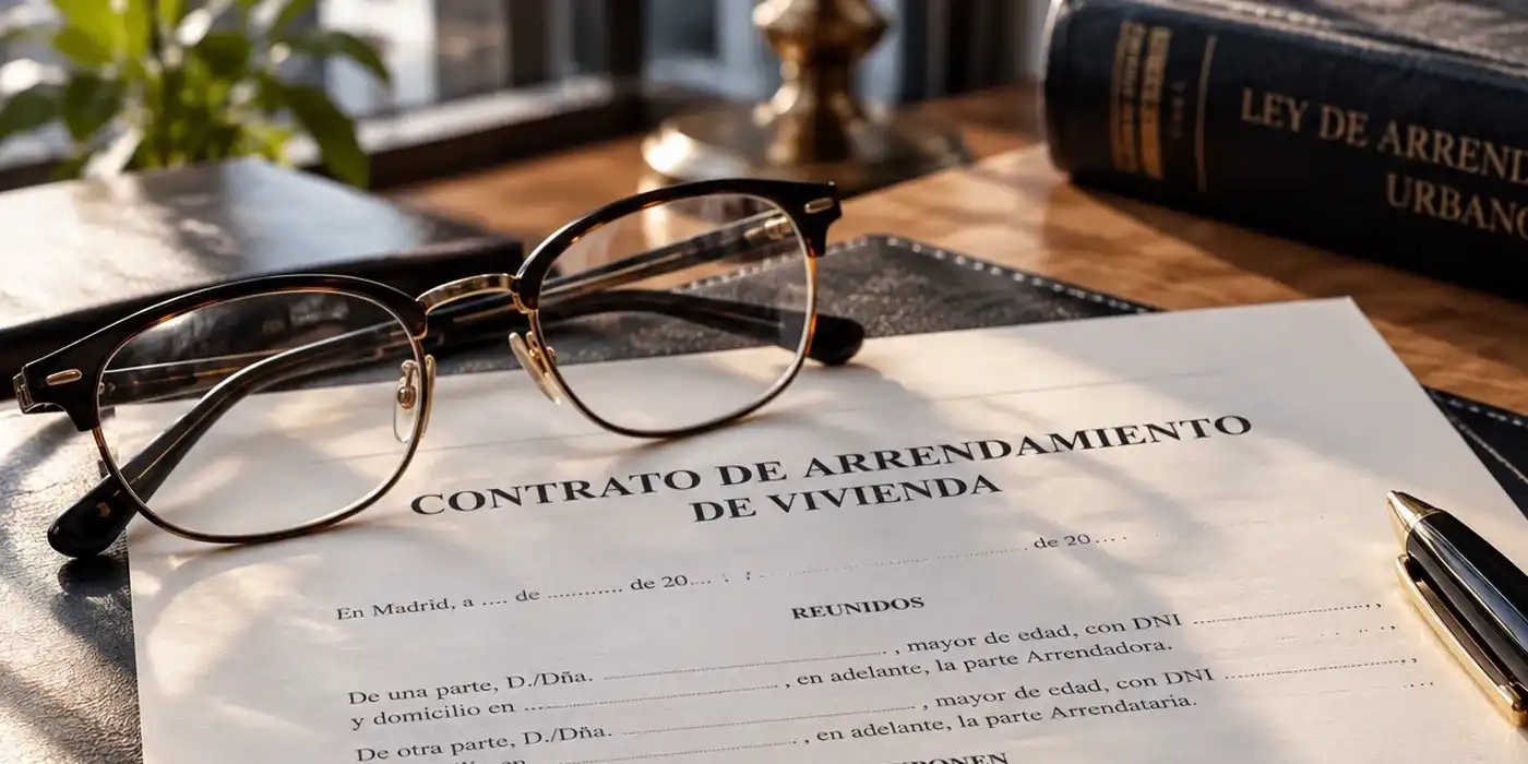 Contrato de arrendamiento de vivienda con gafas sobre la mesa: guías de contratos de alquiler para propietarios con la nueva ley de alquiler