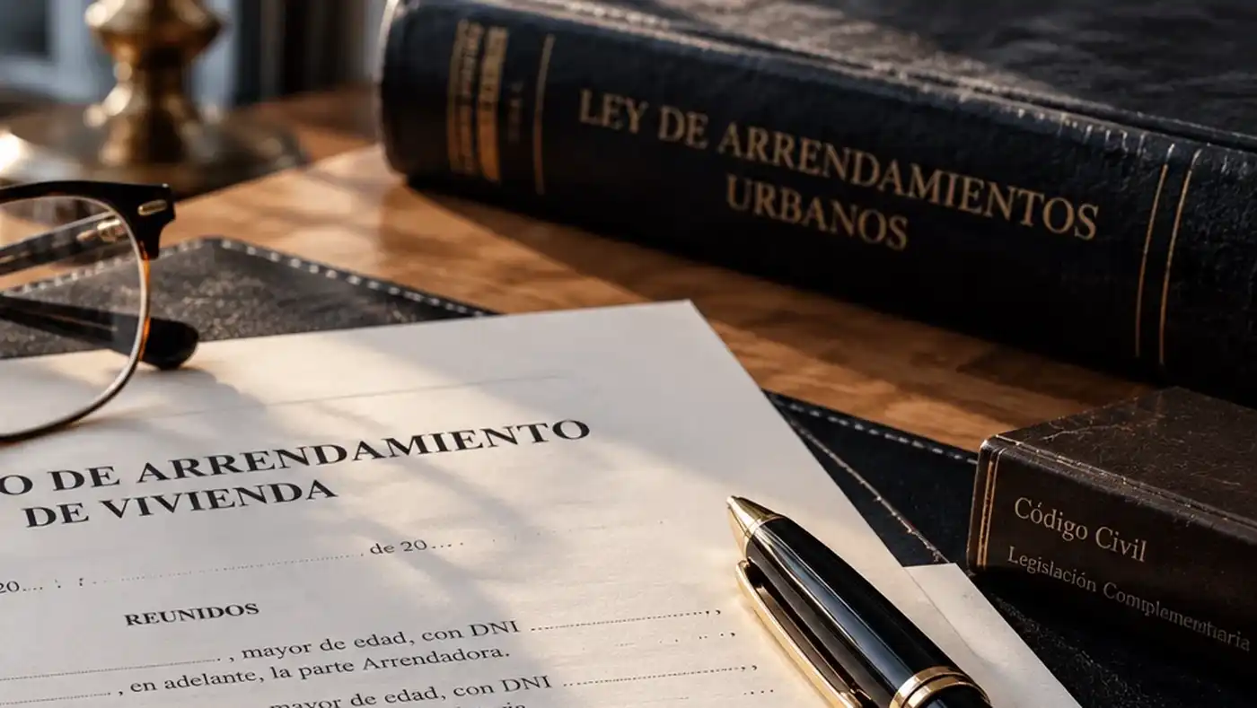 Libro Ley de Arrendamientos Urbanos junto a un contrato de alquiler: guía de la ley de arrendamientos urbanos vigente en 2026