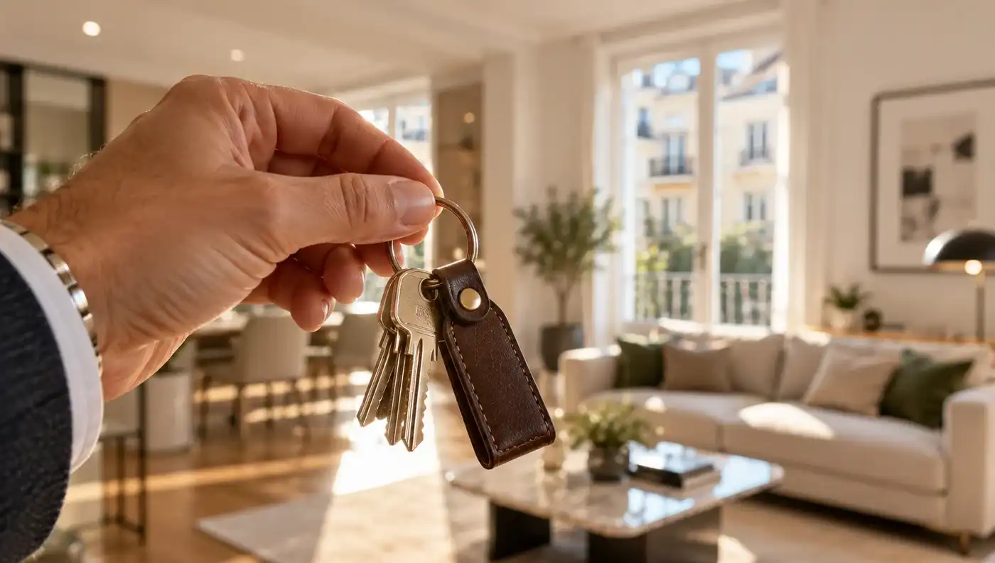 Mano sosteniendo las llaves de una vivienda de alquiler: nueva ley para echar inquilinos y cómo rescindir el contrato de alquiler con la nueva ley