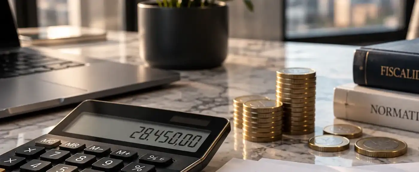 Precio de un abogado inmobiliario: honorarios y presupuesto Calculadora y monedas sobre una mesa de despacho: precio de un abogado inmobiliario y honorarios para propietarios
