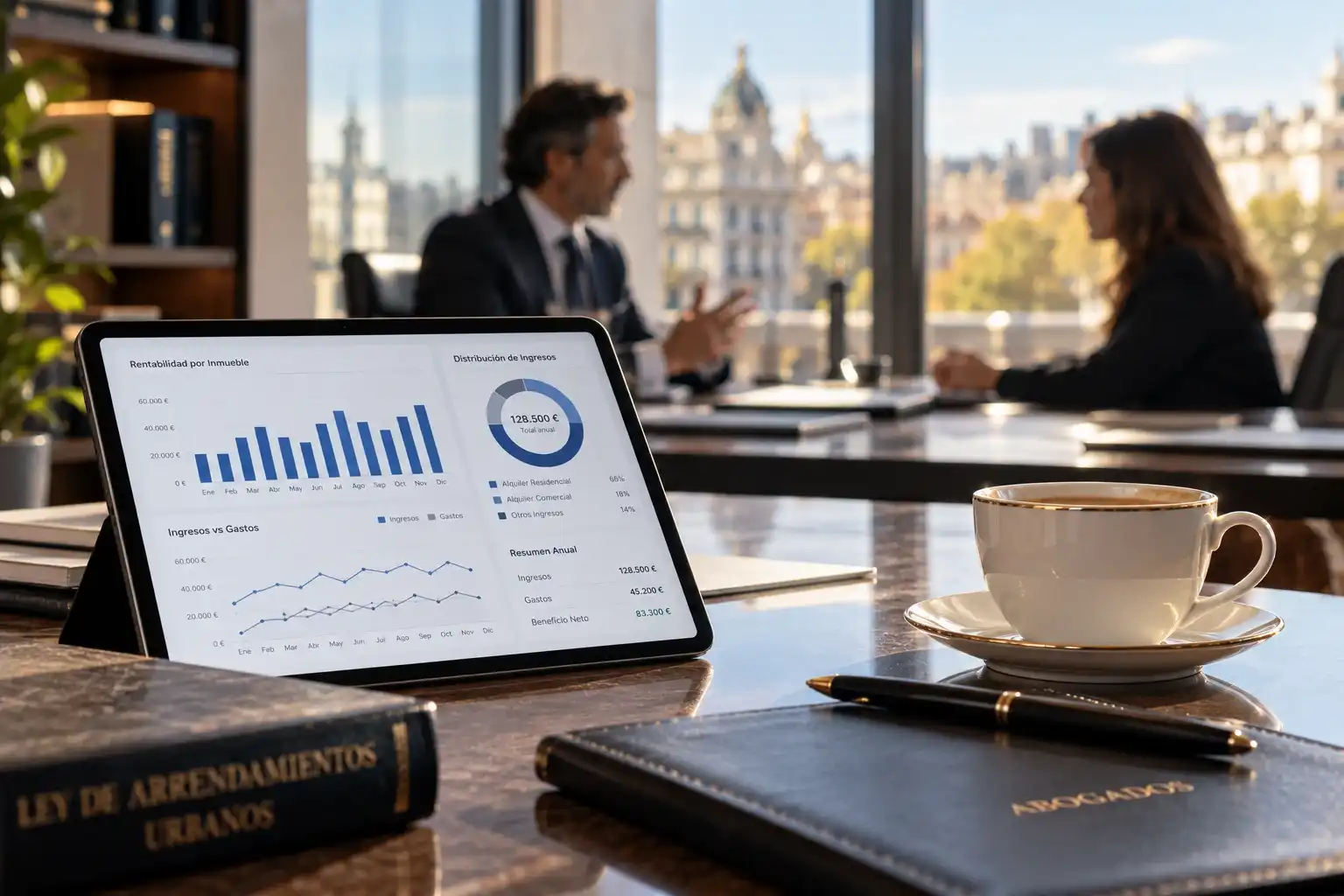 Tope a la subida de la renta del alquiler hasta el 31 de diciembre de 2027 Tableta con gráficos de ingresos y gastos de alquiler sobre una mesa de despacho: tope a la actualización de la renta en la nueva ley de alquileres